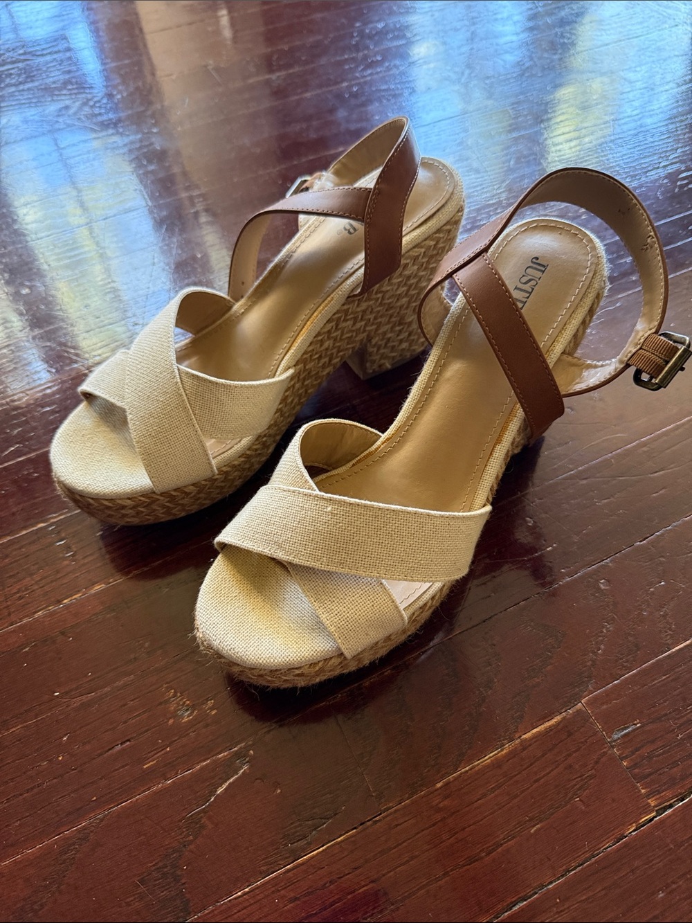 JustFab Beige Canvas Wedge Sandals with Brown Ankle Strap